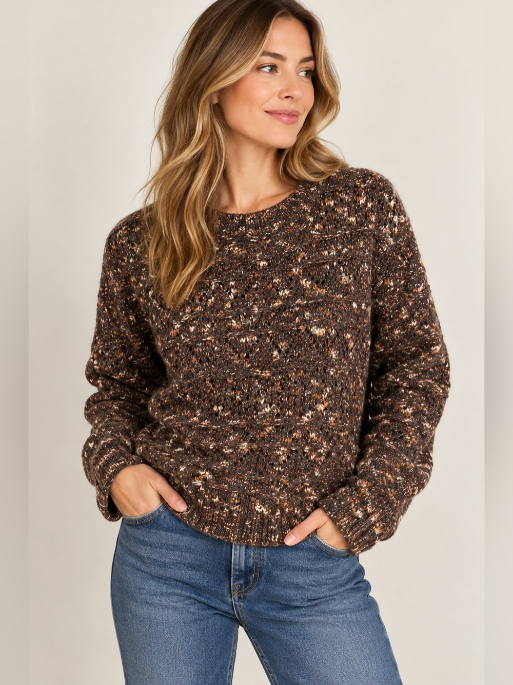 Hinge XS Brown Multicolor Marled Cable Knit Sweater